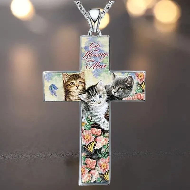 Pets Three Cats Cross Necklace