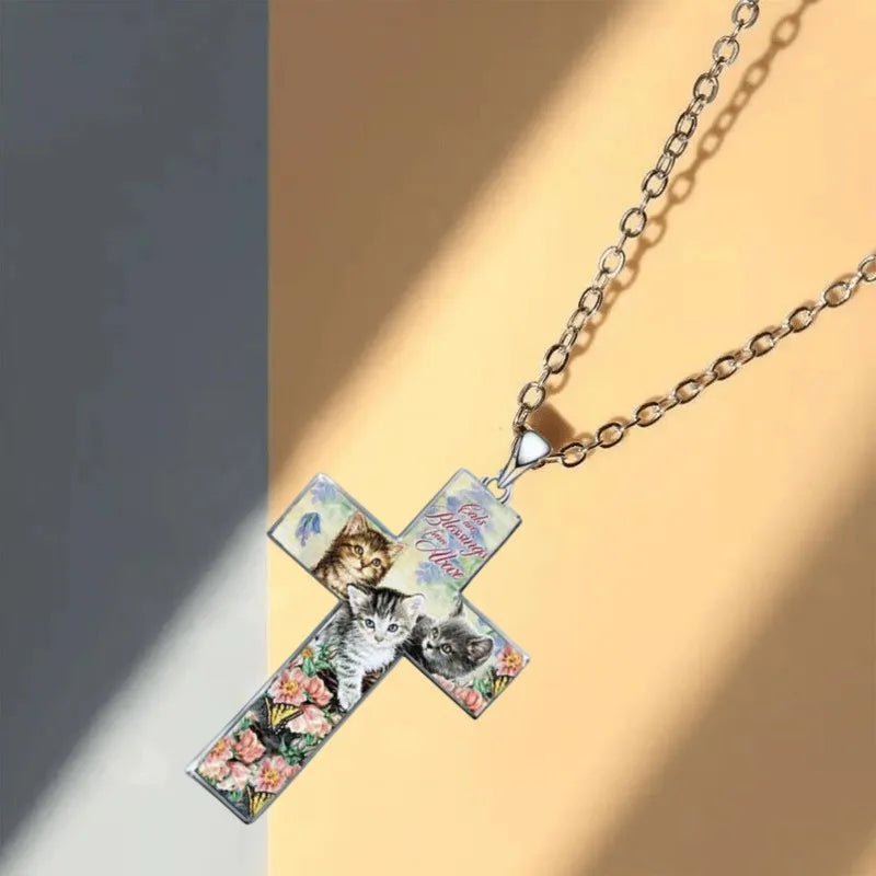 Pets Three Cats Cross Necklace