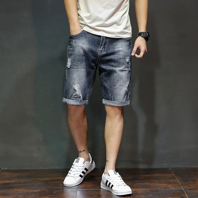 Men Shorts Cotton Ripped Jeans
