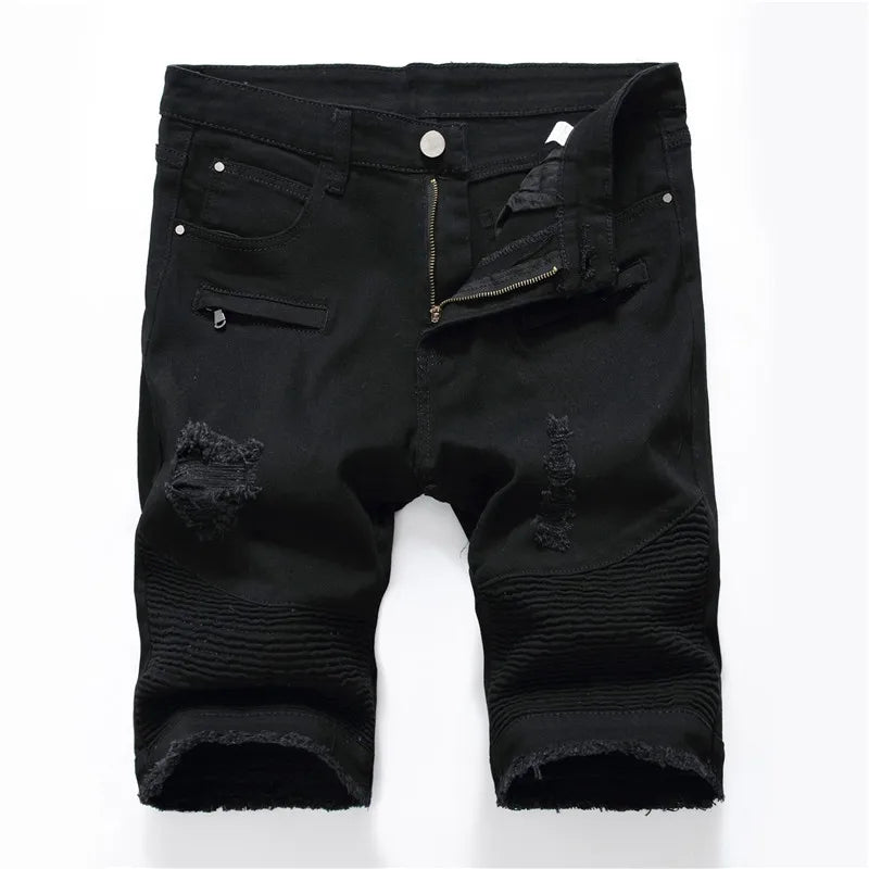 Men Elastic Ripped Short Jeans
