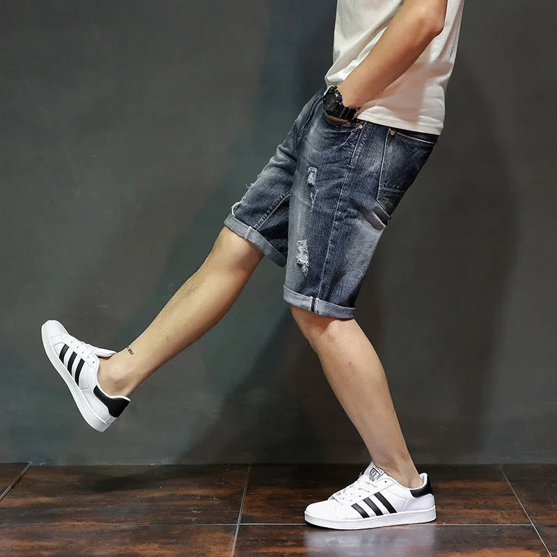 Men Shorts Cotton Ripped Jeans