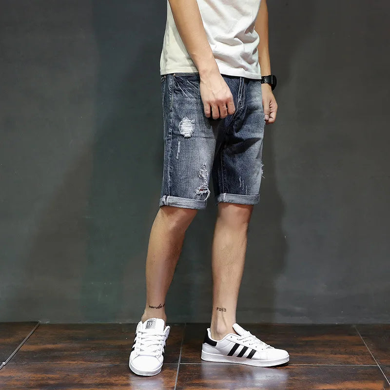 Men Shorts Cotton Ripped Jeans