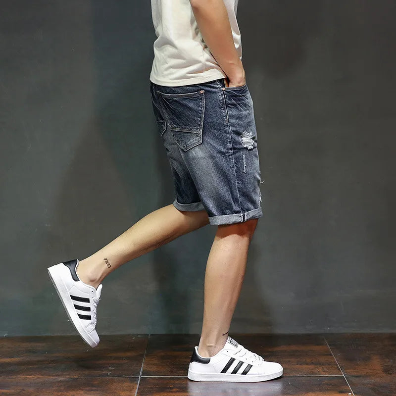 Men Shorts Cotton Ripped Jeans